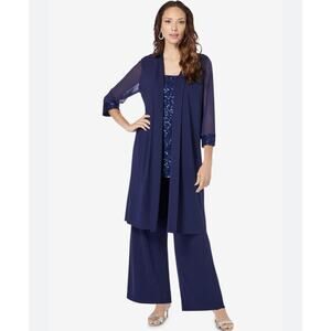 NWT Roaman’s $229 Navy Blue 3-piece Lace & Sequin Duster Pant Set Plus‎ Size 38W